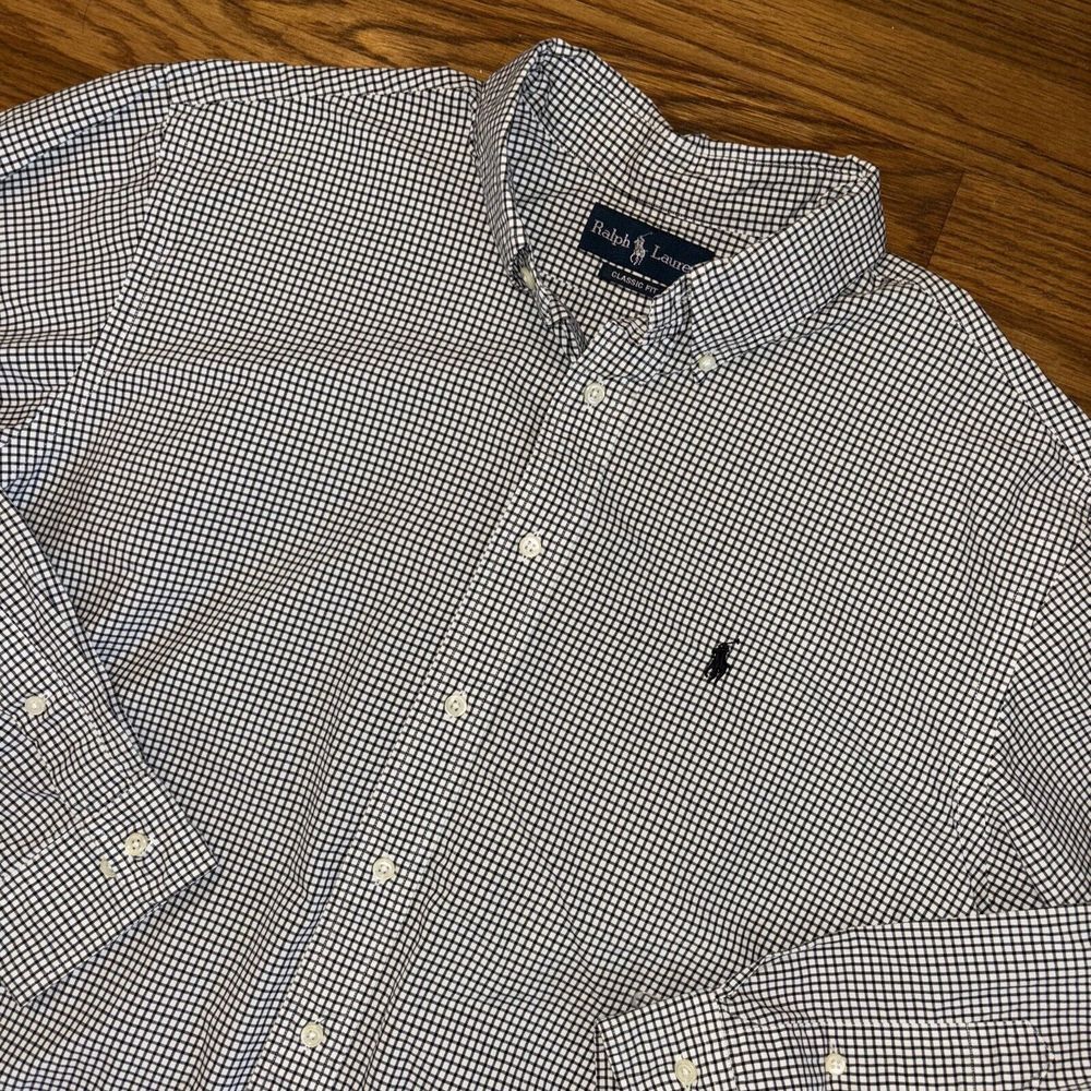 Ralph Lauren Classic Fit Mens‎ 17.5 34/35 Button Down Gingham Check Navy Pony